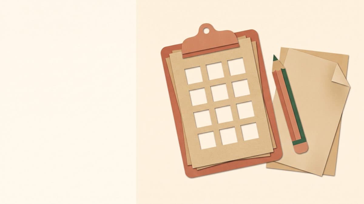 Paper-cut illustration of a clipboard with blank checklist boxes, a pencil and folded printed sheets